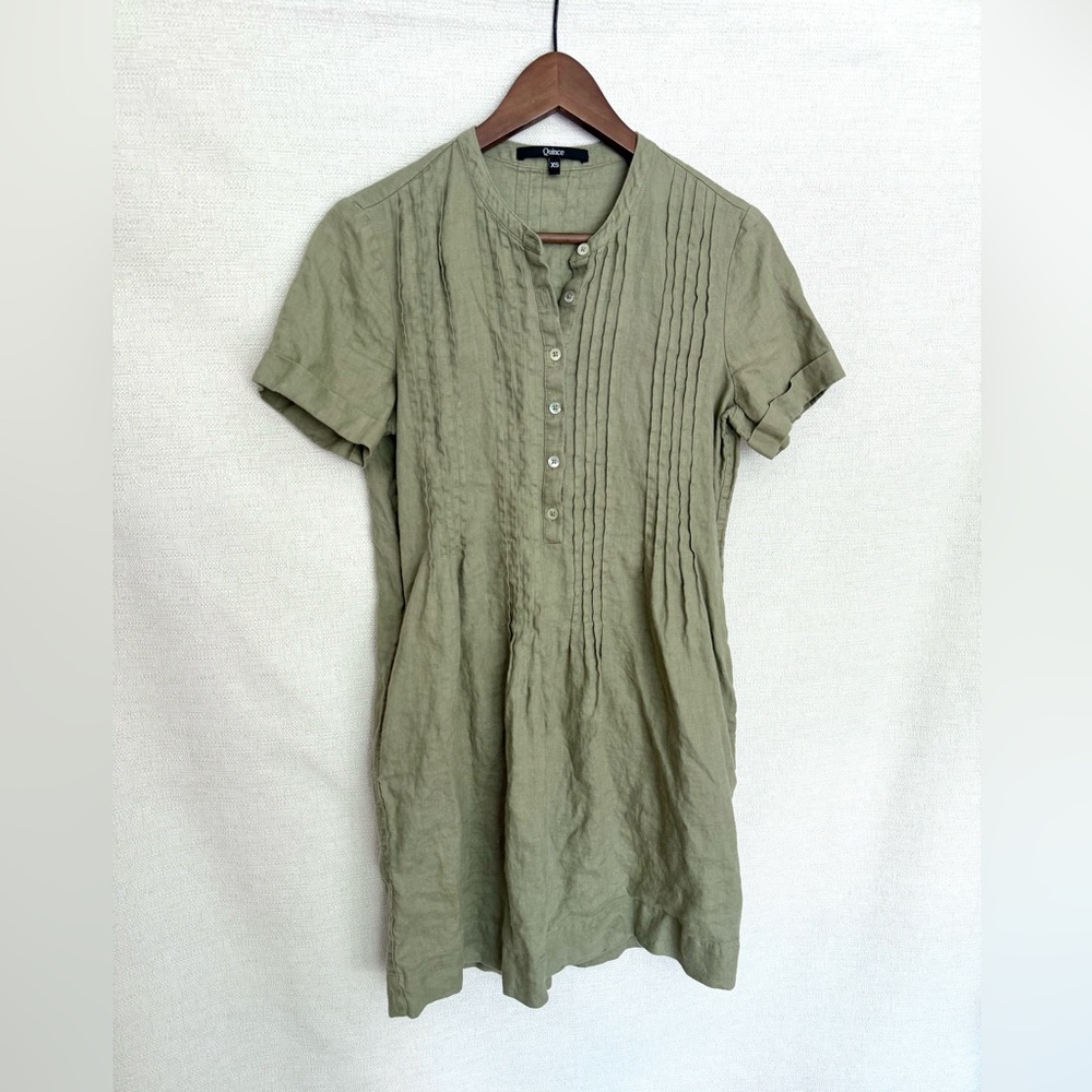 QUINCE Linen Short Sleeve Dress Olive Green Extra Small